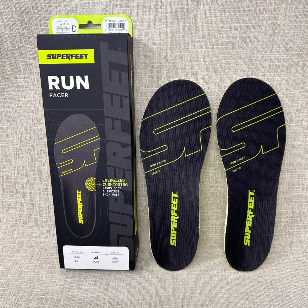 Superfeet Run Pacer Insoles Size D Mens 7.5-9 Womens 8.5-10 Black Lime Green